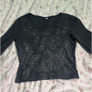 gray long sleeve rhinestone shirt small